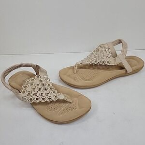 Ashley Blue Comfort Gold Tone Rhinestone Sandals Straps Size 9 Slip In Casual